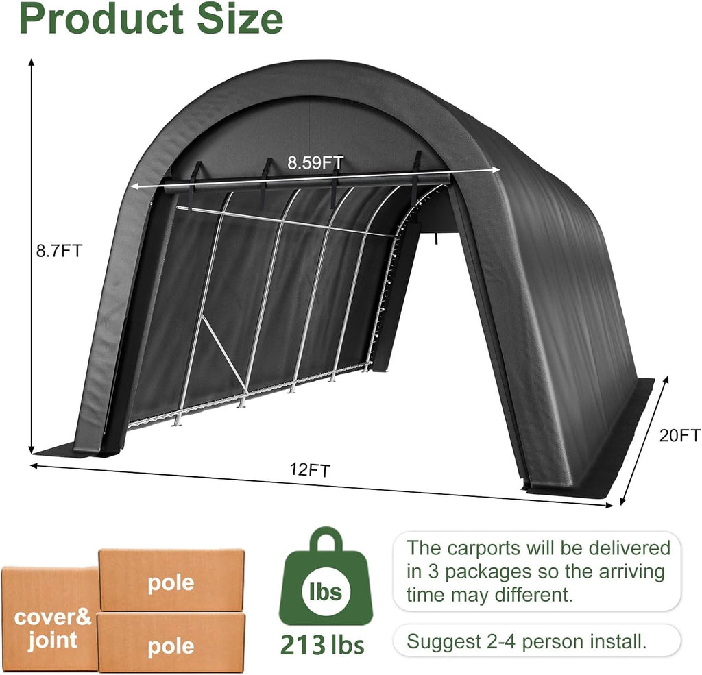 Carport 12x20 ft Heavy Duty, All-Season Waterproof UV Protected Outdoor Car Ports w/Reinforced Metal Frame Roll-up Ventilated Doors,Portable Garage Car Shelter for Boat Truck Motorcycle Yacht