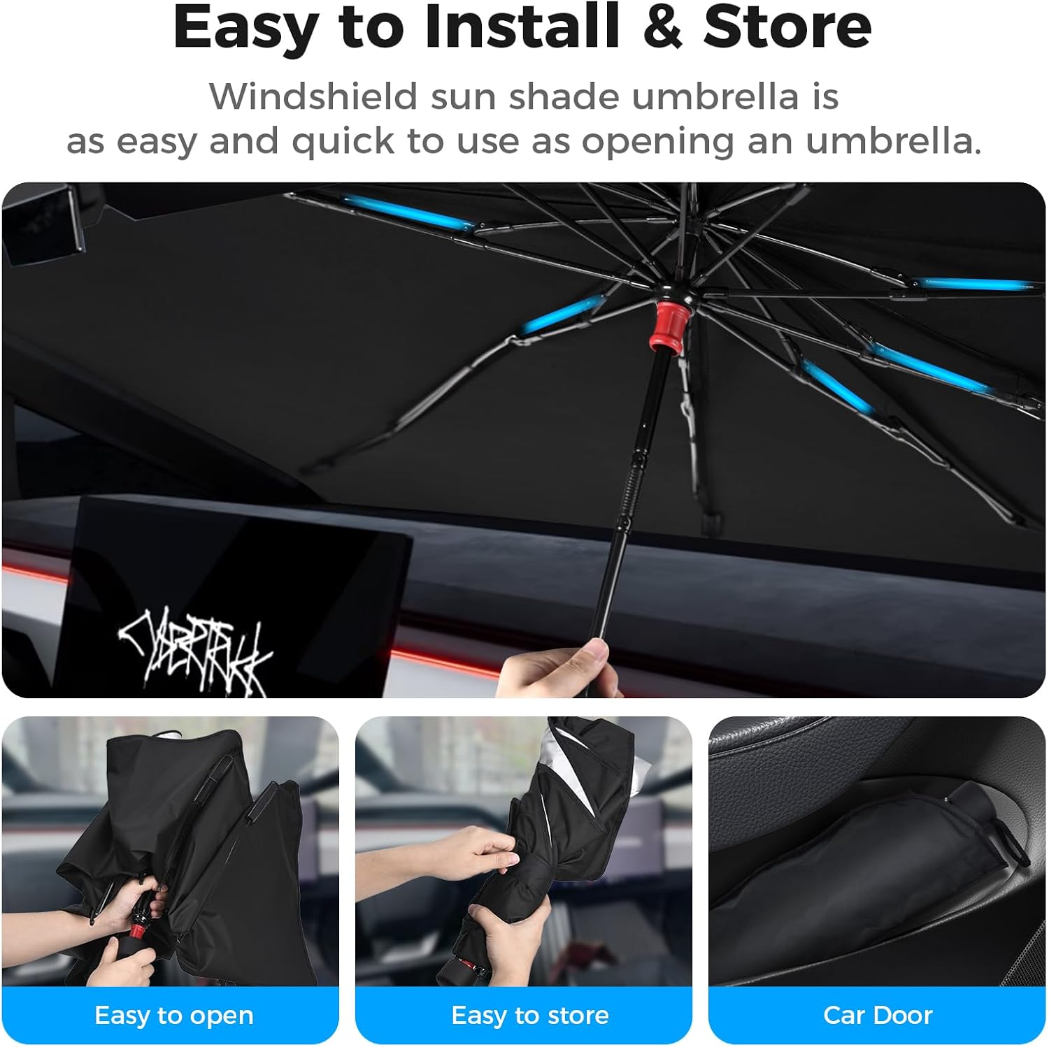 [2025 Upgrade] Cybertruck Windshield Sun Shade - Sunshade Umbrella for Tesla Cybertruck 2024 2025, Thickened Titanium Silver UV Block Coating, Front Window Heat Insulation Protection, 54''x 60''x 61''