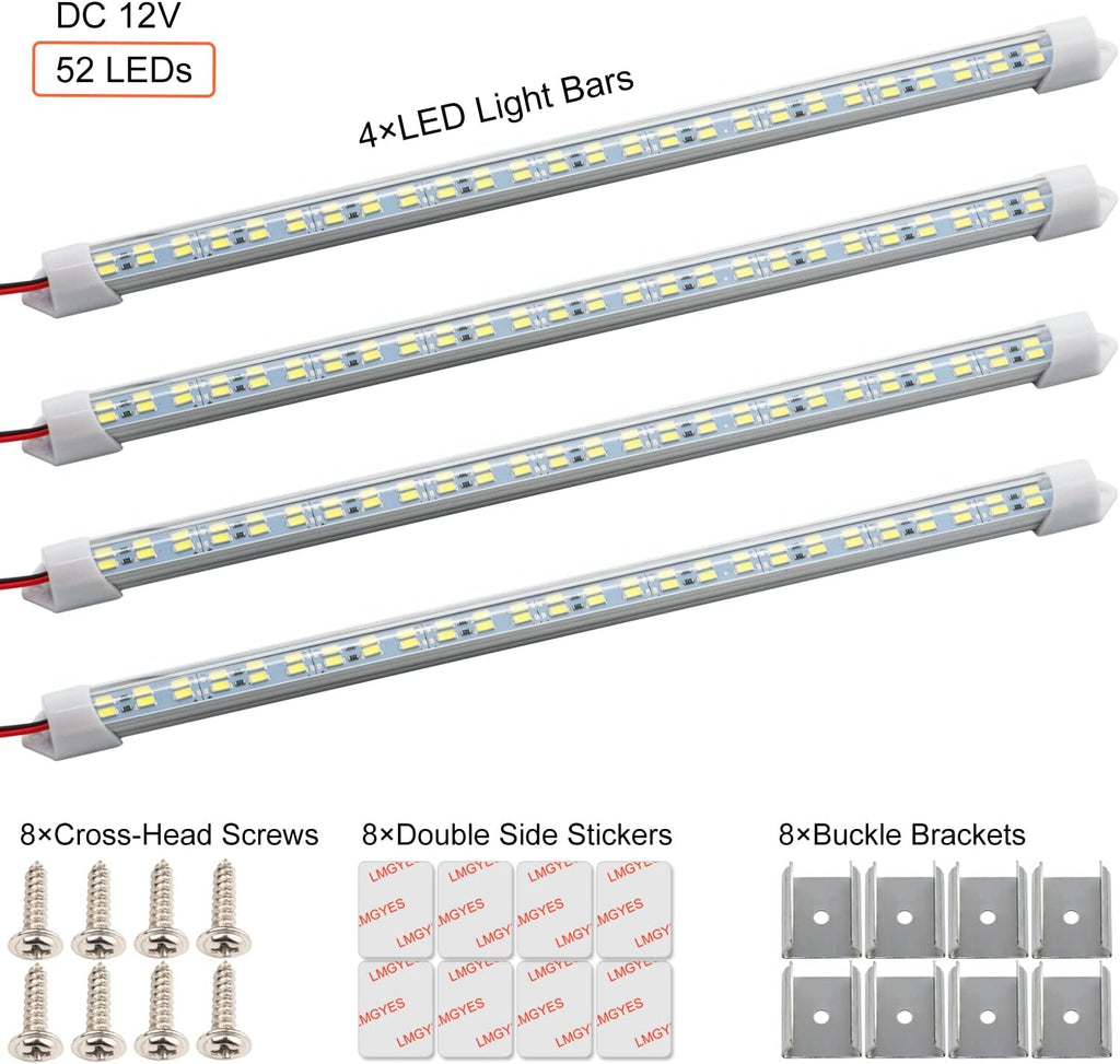 12V Interior LED Light Bar for Car,12V LED Light Strip 54 LEDs Lighting Super Bright 7000K White Color DIY Cabinet LED Light Strip for Car,Trailer,Motorhome,Van,RV,Truck Bed Lights(4 Pack)