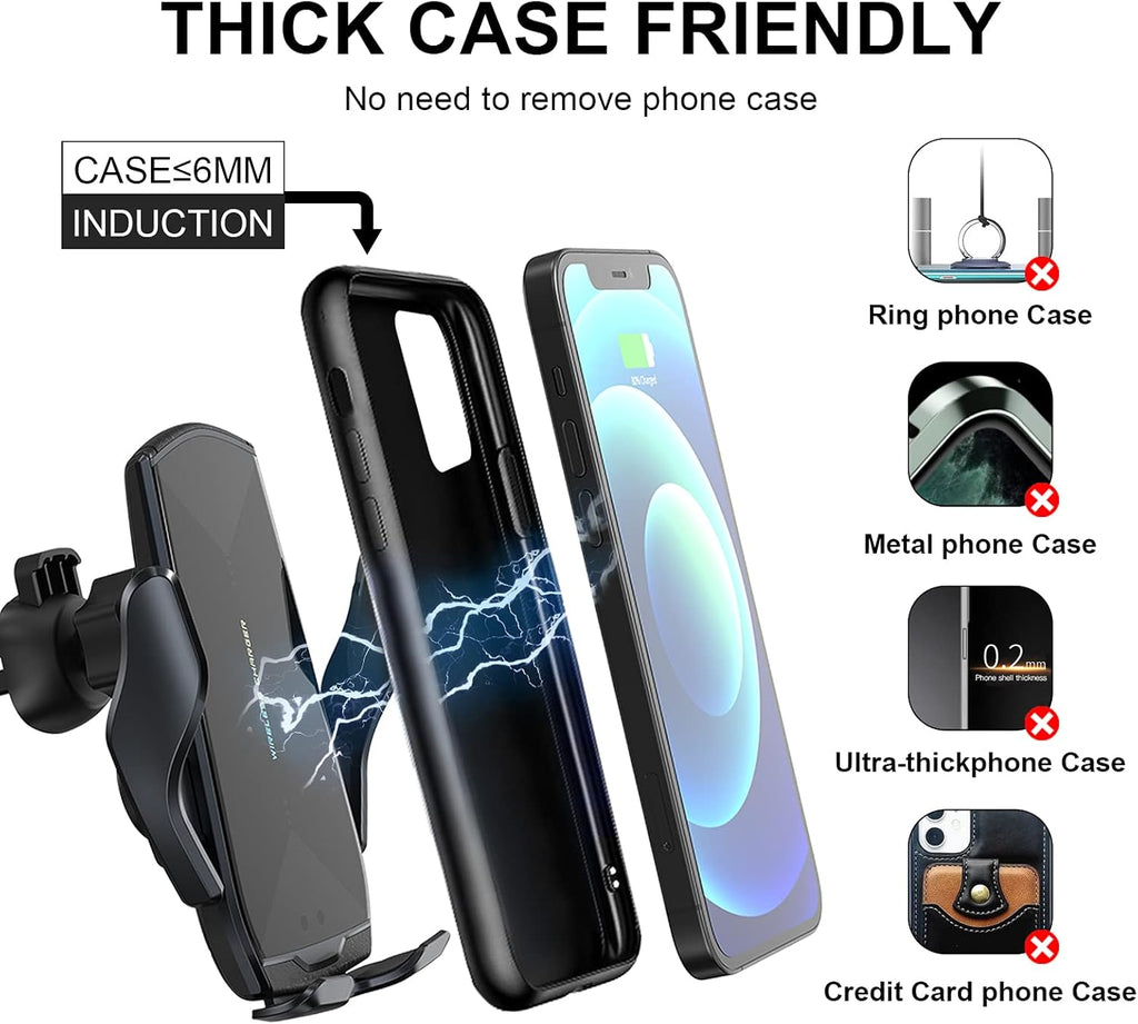 Wireless Car Charger Mount, 15W Qi Fast Charging Auto-Clamping Cell Phone Car Holder Air Vent Windshield Dashboard Long Arm Suction Cup Car Phone Mount for iPhone13 /12/11 Samsung S20/S10/S9/S8 LG