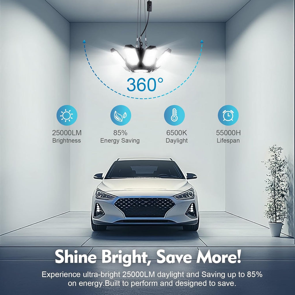 TANBABY 2 Pack Motion Sensor Garage Light, Deformable Garage Lights Ceiling LED Plug in Cord, Plug in Shop Lights with 8+1 Panels Bulb for Basement
