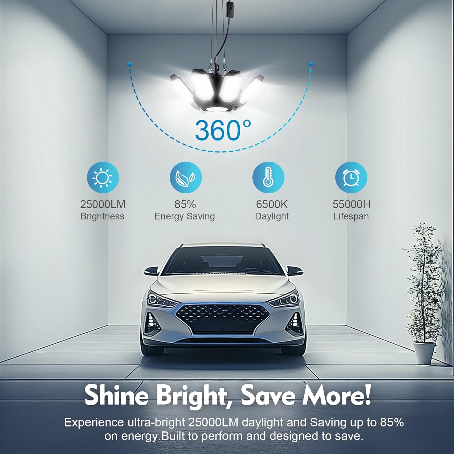 TANBABY 2 Pack Motion Sensor Garage Light, Deformable Garage Lights Ceiling LED Plug in Cord, Plug in Shop Lights with 8+1 Panels Bulb for Basement