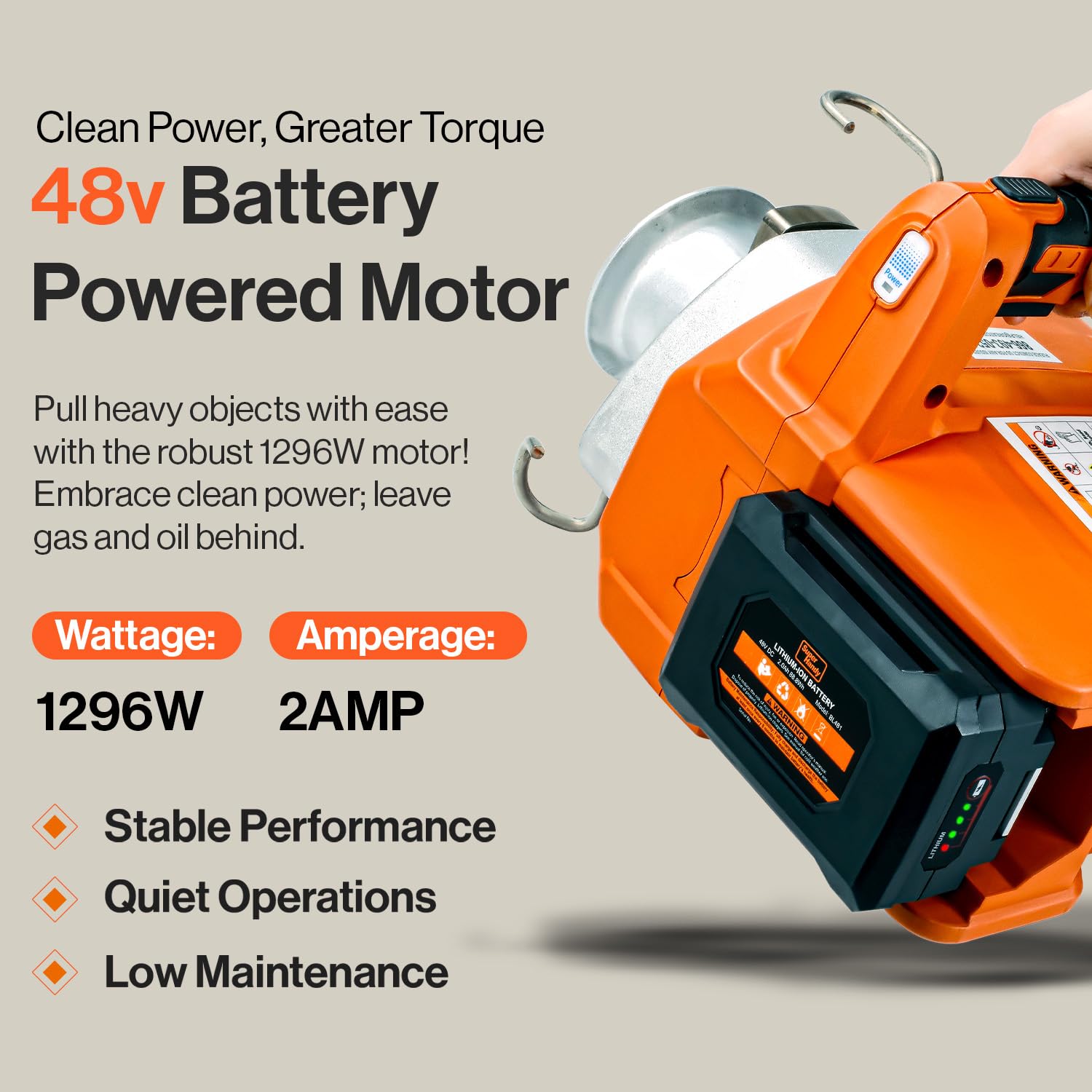 SuperHandy Electric Portable Capstan Winch, Brushless Motor, 1000-2000 lbs Max Pulling Force, Includes 100ft Low-Stretch Rope, Battery & Charger - Ideal for Forestry, Hunting, Off-Road