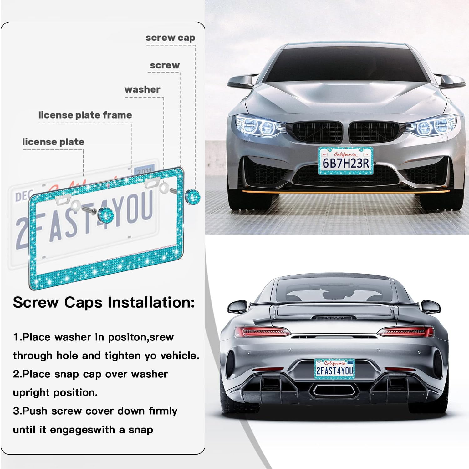 2 Pack License Plate Frames for Women, Sparkly Rhinestone Diamond Car Accessories with Glitter Crystal Caps (Blue（2PCS）)