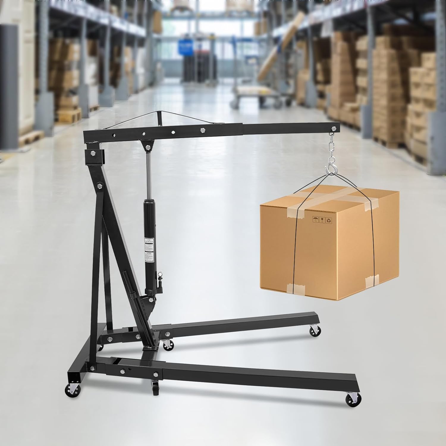 Folding Engine Crane 1 Ton Folding Engine Hoist 2200lbs Hydraulic Crane with 6 Iron Caster Wheels for Garage, Workshop (Black)