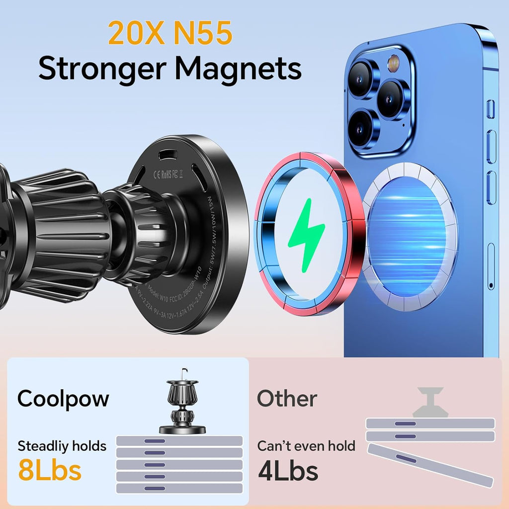 Coolpow for MagSafe Car Mount Charger【Ultra Magnet】Magnetic Phone Holders for Your Car Charger【Windshield+Vent+Dash】Magnetic Wireless Car Phone Holder Charger Car Mount for iPhone 16 Pro Max 15 14 13