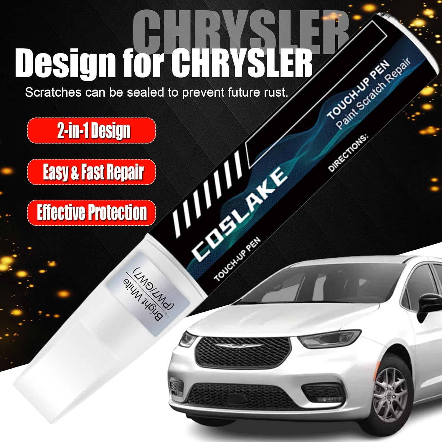 Car Touch Up Paint(Brilliant Black Crystal(PXR/AXR)) for Chrysler, Car Paint Scratch Repair Kit, Quick & Easy Solution to Repair, Scratch Remover Pen with 2PCS Disposable Micro Applicators