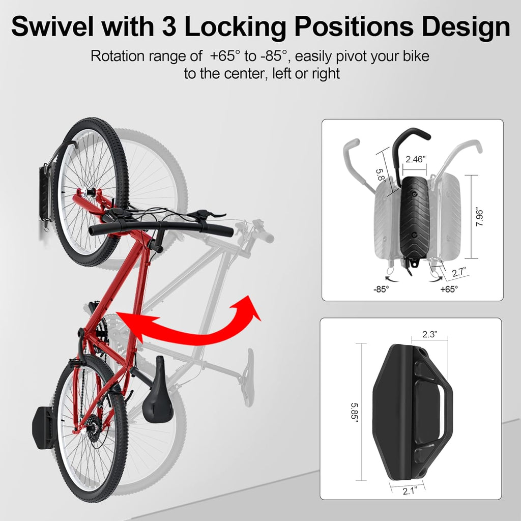 Swivel Bike Wall Mount, Vertical Bike Rack for Garage, Space-Saving Bike Storage and Hanger with Gear Position Lock, Supports Up to 66 lbs, Black, 2 Pack