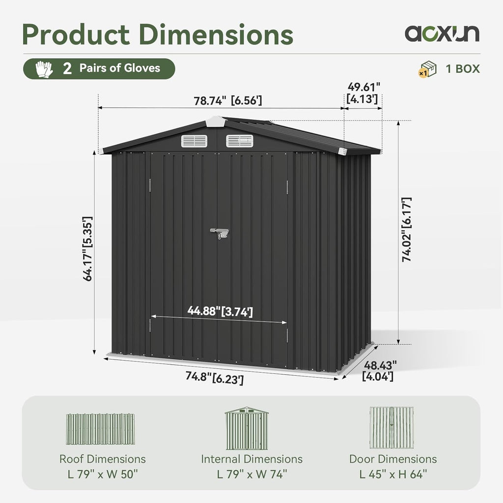 Aoxun 6x3.9 FT Shed with Base Metal Outdoor Storage Shed Garden Shed with Lockable Doors Tool Shed Bike Shed for Backyard, Patio, Poolside (Black)