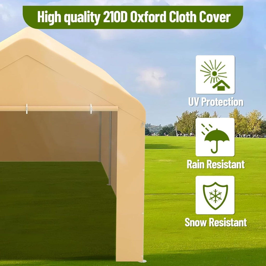 10x20 Ft. Metal Carport Garage with PE Fabric and Galvanized Steel Frame Outdoor Shelter for Cars, Trucks and Boats with 4 Doors and Mesh Windows for Ventilation - Yellow