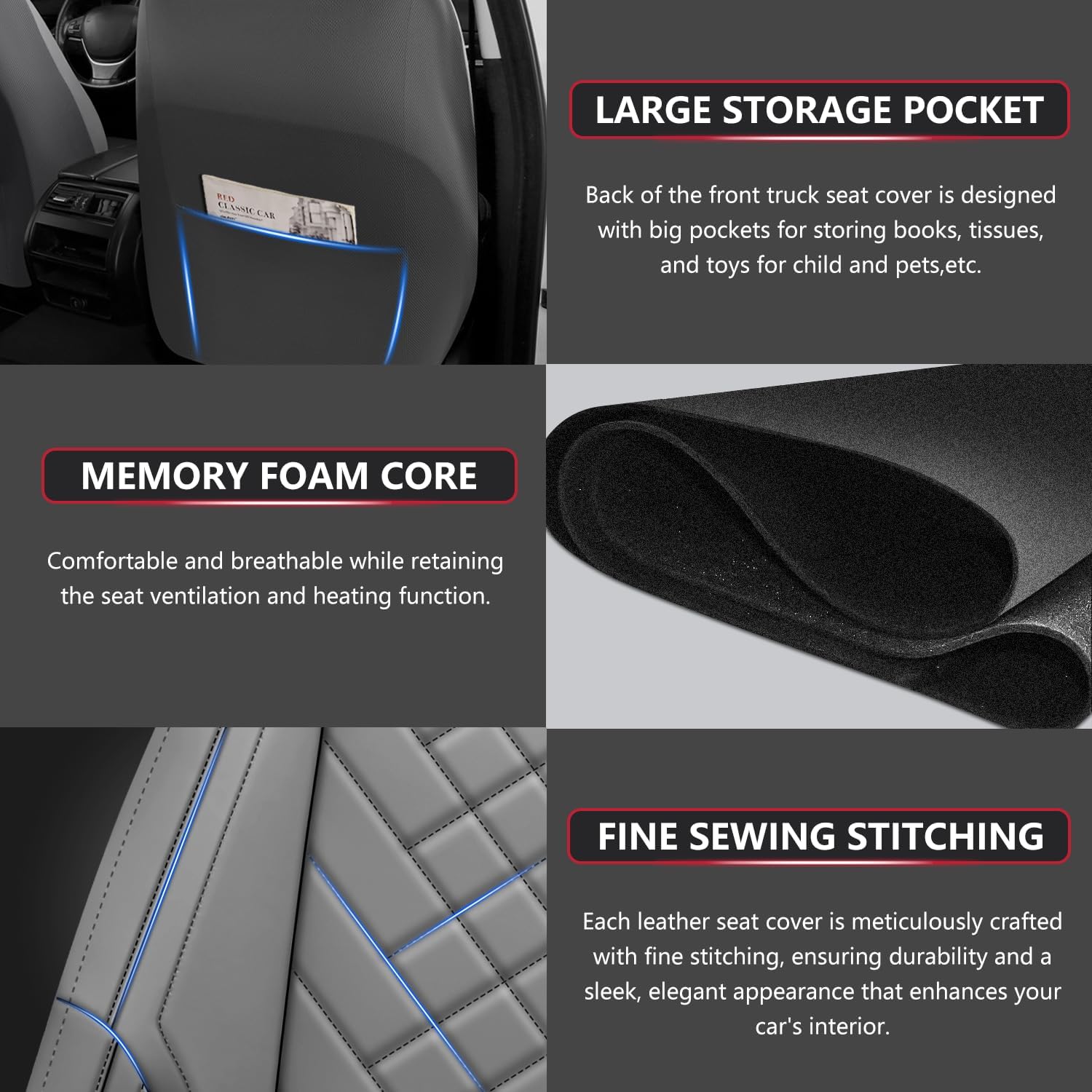 BABYBLU Chevy Chevrolet Silverado GMC Sierra Car Seat Covers Fit 2007-2023 2024 2025 1500/2500HD/3500HD (Grey, Full Set)