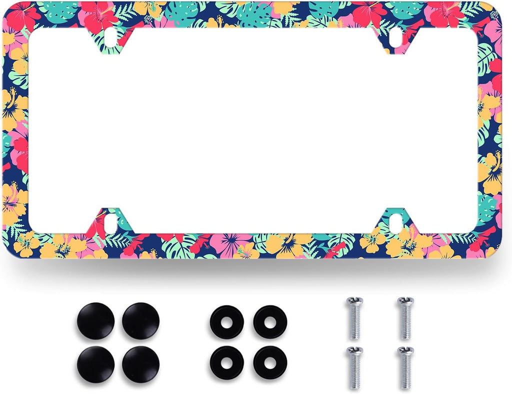 Tropical Hibiscus Flower License Plate Frame Colorful Floral Leaves License Plate Holder Funny License Plate for Car Decoration Stainless Steel Hawaii Auto Parts with Screws 12.3" x 6.3"