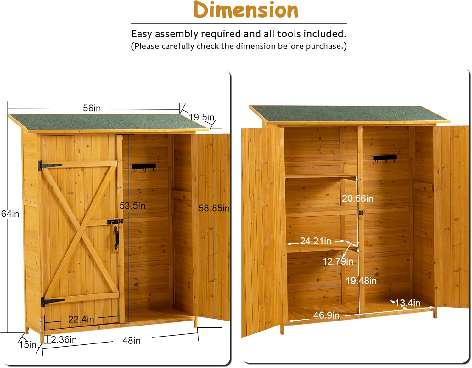 56" L x 19.5" W x 64" H Outdoor Wooden Storage Shed with Lockable Door, Waterproof Roof,Detachable Shelves for Garden Tools,Natural Wood