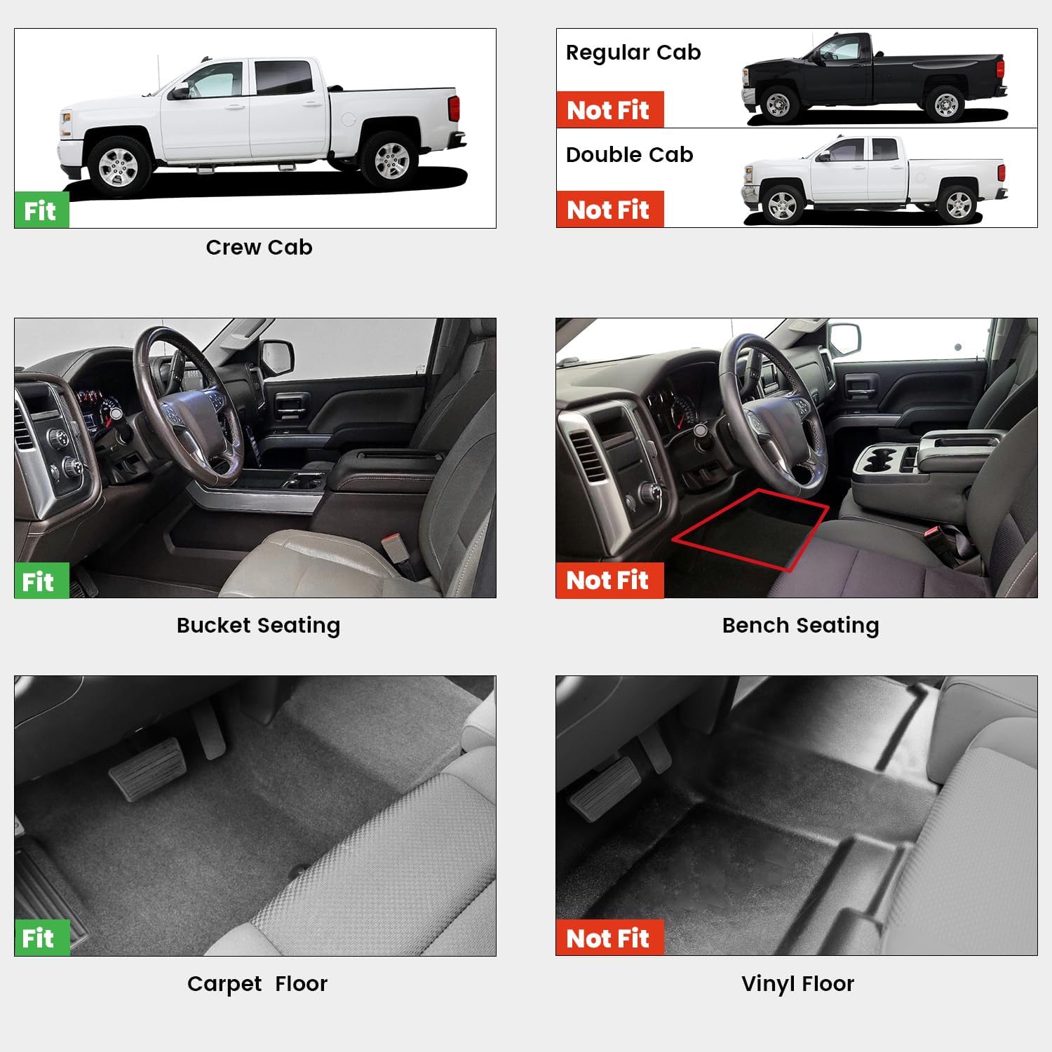 LASFIT Floor Mats 2014-2018 for Chevrolet Chevy Silverado/GMC Sierra 1500 Only Crew Cab, 2015-2019 Silverado/Sierra 2500HD 3500 HD, Only Crew Cab, with Carpet Floor, Only Fit 1st Row Bucket Seating