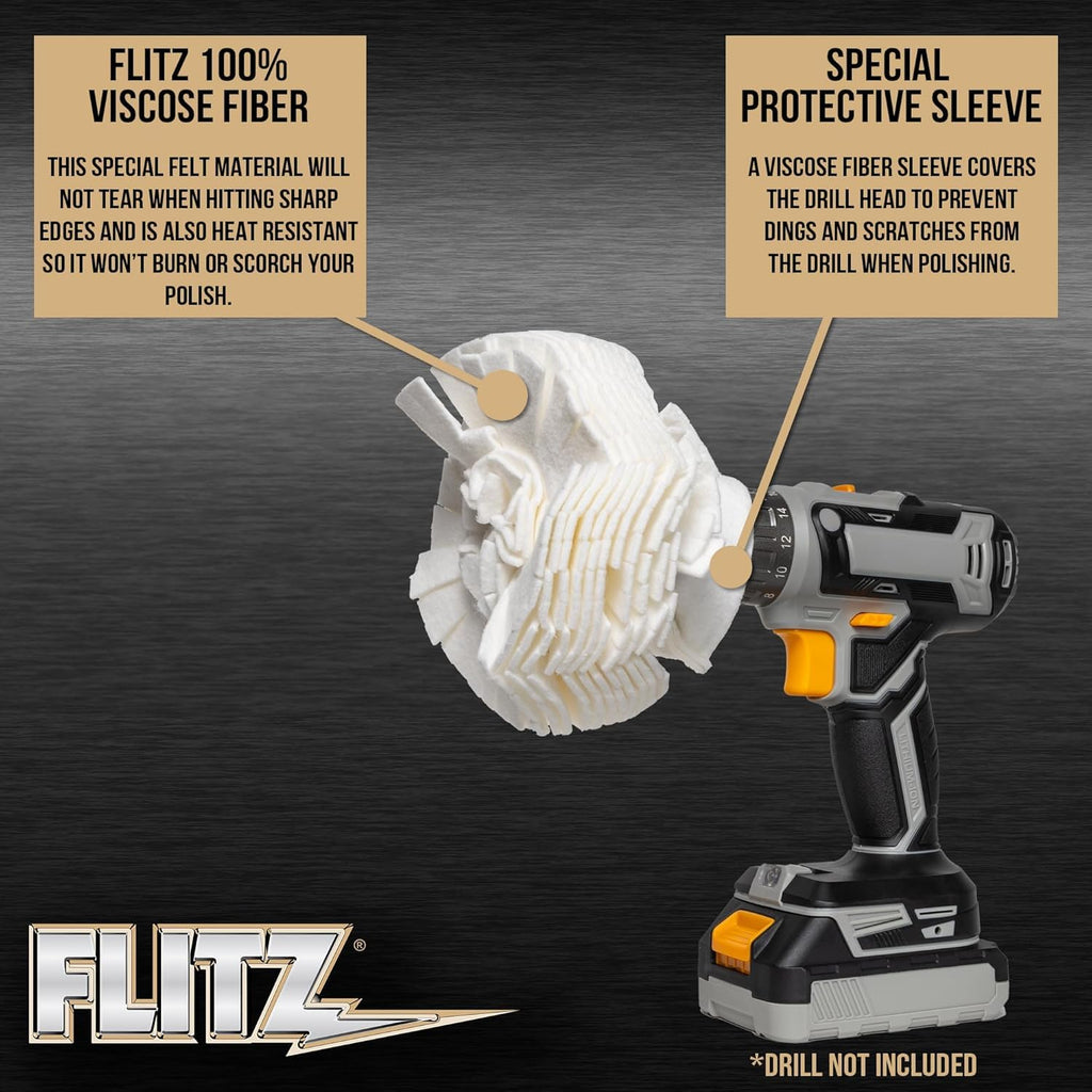 Flitz Buff Ball w/ 1.76oz Metal Polish Paste - 5in Drill Buffer Polisher Attachment for Any 3/8in Drill - Self-Cooling, Washable Polishing Ball to Buff, Shine, & Protect All Metals, Plastics (1 Pack)