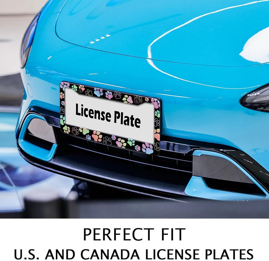 Dog Paw Car License Plate Frames, Colorful Pet Paw Printed License Plate Holder Cover, Metal Aluminum Rustproof Car Accessories for US Canada Standard Women Men 2 Holes with Screw Caps