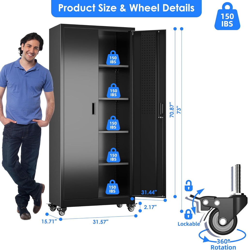 Metal Storage Cabinet with Wheels, Pegboard and 4 Hooks, 73" H Garage Storage Cabinet with 4 Adjustable Shelves and 2 Lockable Doors for Garage Home Office Warehouse, Black, Assembly Required