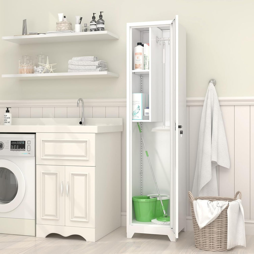 GREATMEET Slim Broom Closet Storage Cabinet, Narrow Utility Closet, 65" Metal Cleaning Supply Storage with Lock and Door,Utility Cabinets for Brooms and Mops for Laundry Room, White