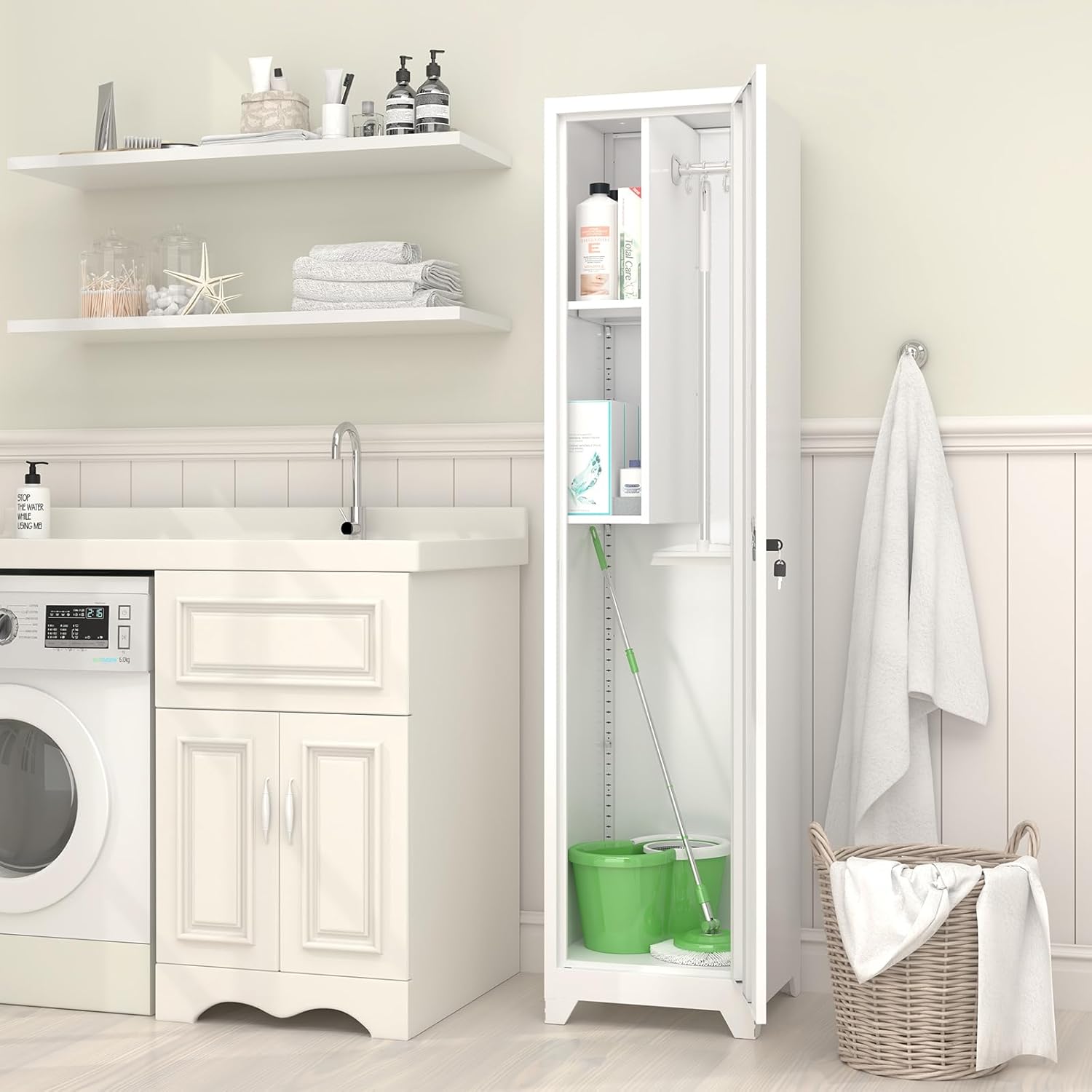 GREATMEET Slim Broom Closet Storage Cabinet, Narrow Utility Closet, 65" Metal Cleaning Supply Storage with Lock and Door,Utility Cabinets for Brooms and Mops for Laundry Room, White