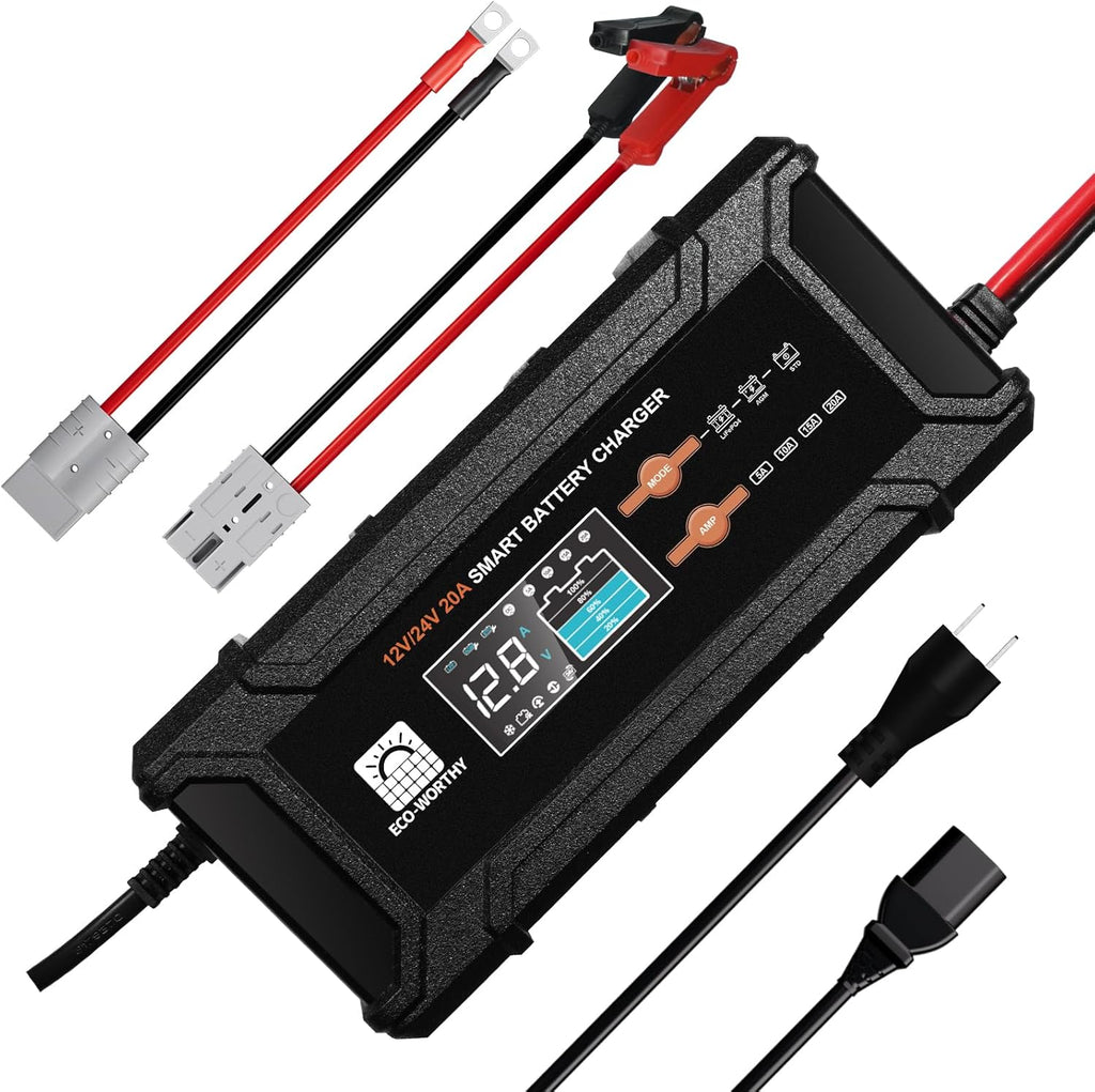 ECO-Worthy 12V/24V 20A Smart Battery Charger Maintainer, Auto Voltage Detect for LiFePO4 Lead-Acid with Multi-Current Options 5A/10A/15A/20A, Trickle Charger for Car Truck Motorcycle Lawn Mower