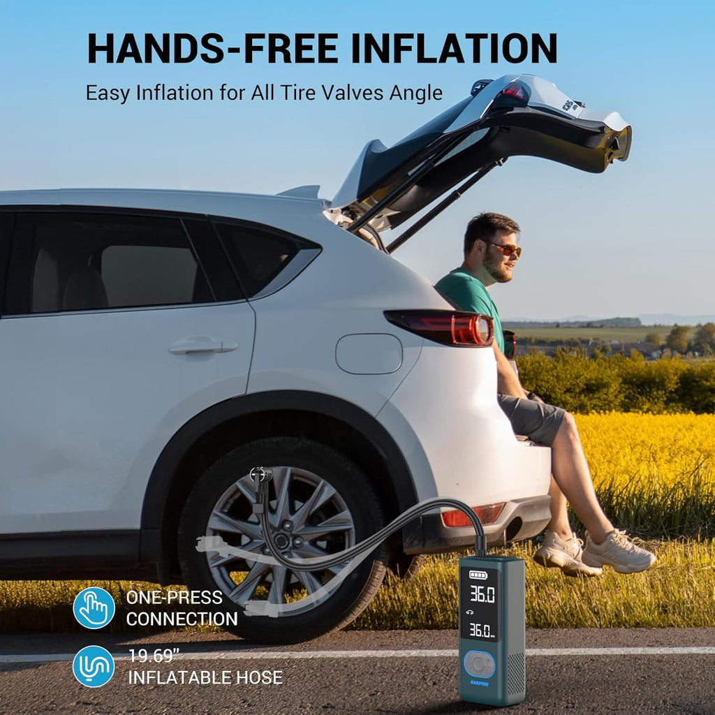 AVAPOW AP18 Tire Inflator Portable Air Compressor, 300% Faster 150 PSI Cordless Air Pump with Tire Pressure Gauge, 3.7″ Dual LCD Screen, Auto-Shuts Off Tire Pump for Car, Motorcycle, Bicycle, Cyan
