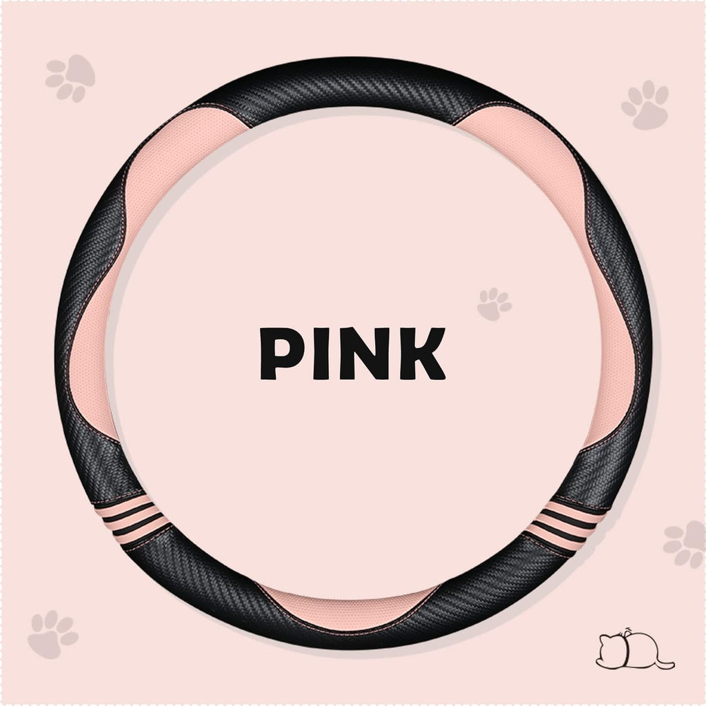 Car Steering Wheel Covers for Women Padded Carbon Fiber PU Leather Cute Auto Interior Accessories for Vehicle, Sedan, Universal, Anti Slip, Pink, Standard Size 14.5-15"(37-38cm)
