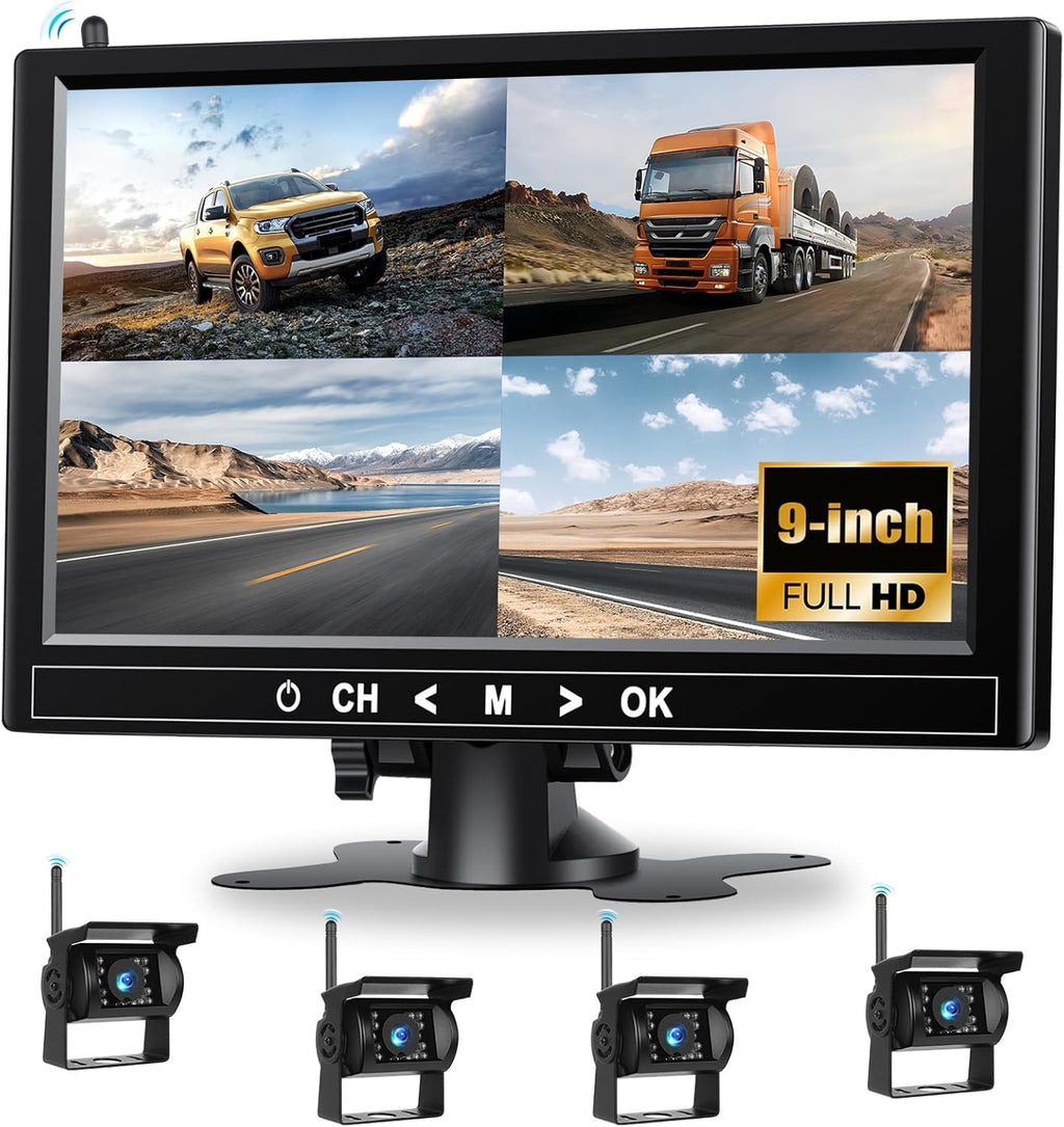 1080P Wireless RV Backup Camera System,9 Inch Reverse Camera Monitor for 4 Channels with IP69 Waterproof Night Vision Backup Camera Front Rear View Camera for Truck/RV/Van/SUV/Pickup