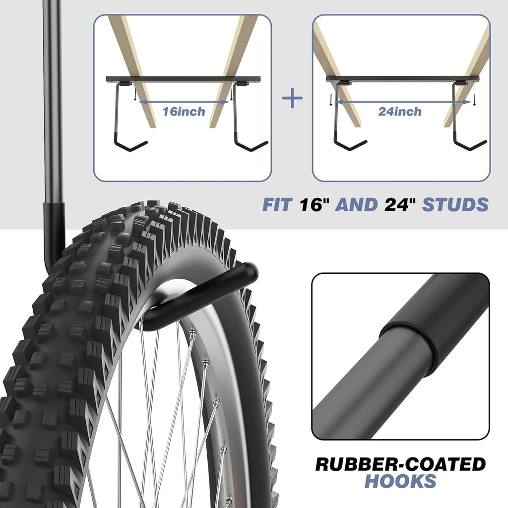 WALMANN Ceiling Mounted Bike Rack for Garage, Space-Saving Ceiling Bike Storage for 2 Bikes(Horizontally)/4 Bikes(Vertically), Adjustable Bike Hooks for Road Mountain Bikes