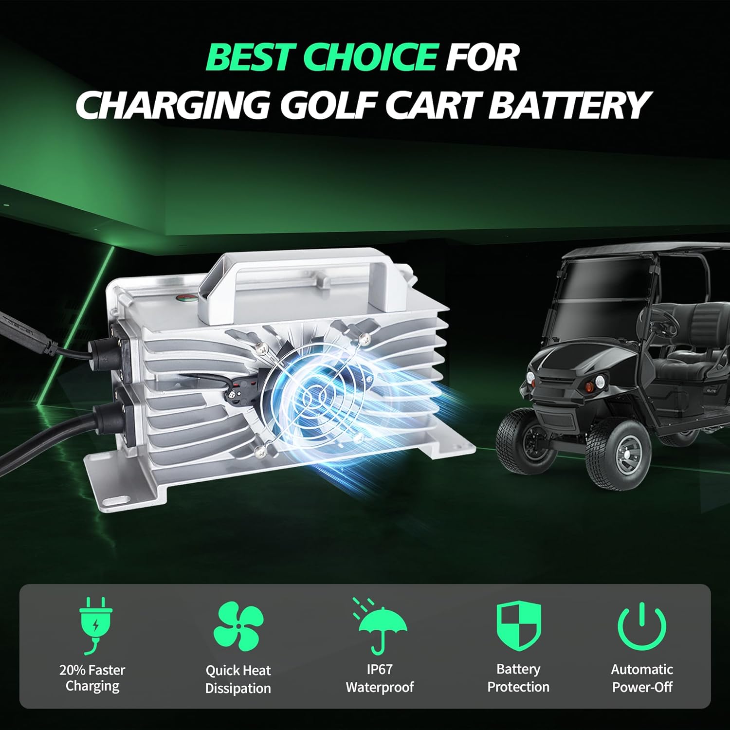 15 AMP 48 Volt Golf Cart Battery Charger for Club Car with 3-Pin Round Plug, 20% Faster & Safer, 900W Club Car Battery Charger for Lead Acid Battery, Automatic Power-Off Protection & IP67 Waterproof