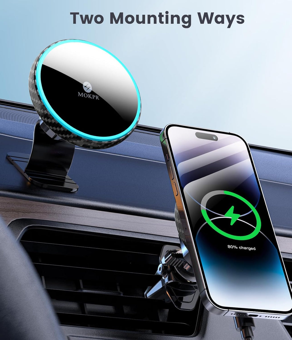 MOKPR for Magsafe Car Mount Charger-15W Wireless Car Charger-Magnetic Car Phone Holder for Dash Air Vent-LED RGB HandsFree Car Mount Fast Car Charger for iPhone 14/13/12 Series Carbon Fiber