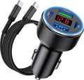 USB C Car Charger Fast Charging USB C Cable, 78W 4 Port iPhone 16 15 Car Charger Adapter with Voltmeter Cigarette Lighter USB Charger for iPhone 16 Pro Max/15 Plus/14/13/12, Samsung Galaxy, iPad