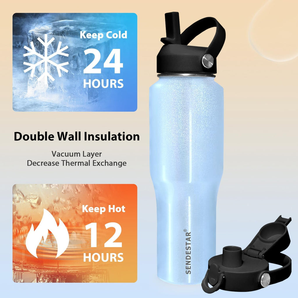 SENDESTAR 32oz Stainless Steel Water Bottle(Cold for 48 Hrs, Hot for 24 Hrs),Double Wall Vacuum Insulated Bottle with Straw Lid, Spout Lid and Flex Cap, Fit in Any Car Cup Holder TXIN-32-Laser Blue