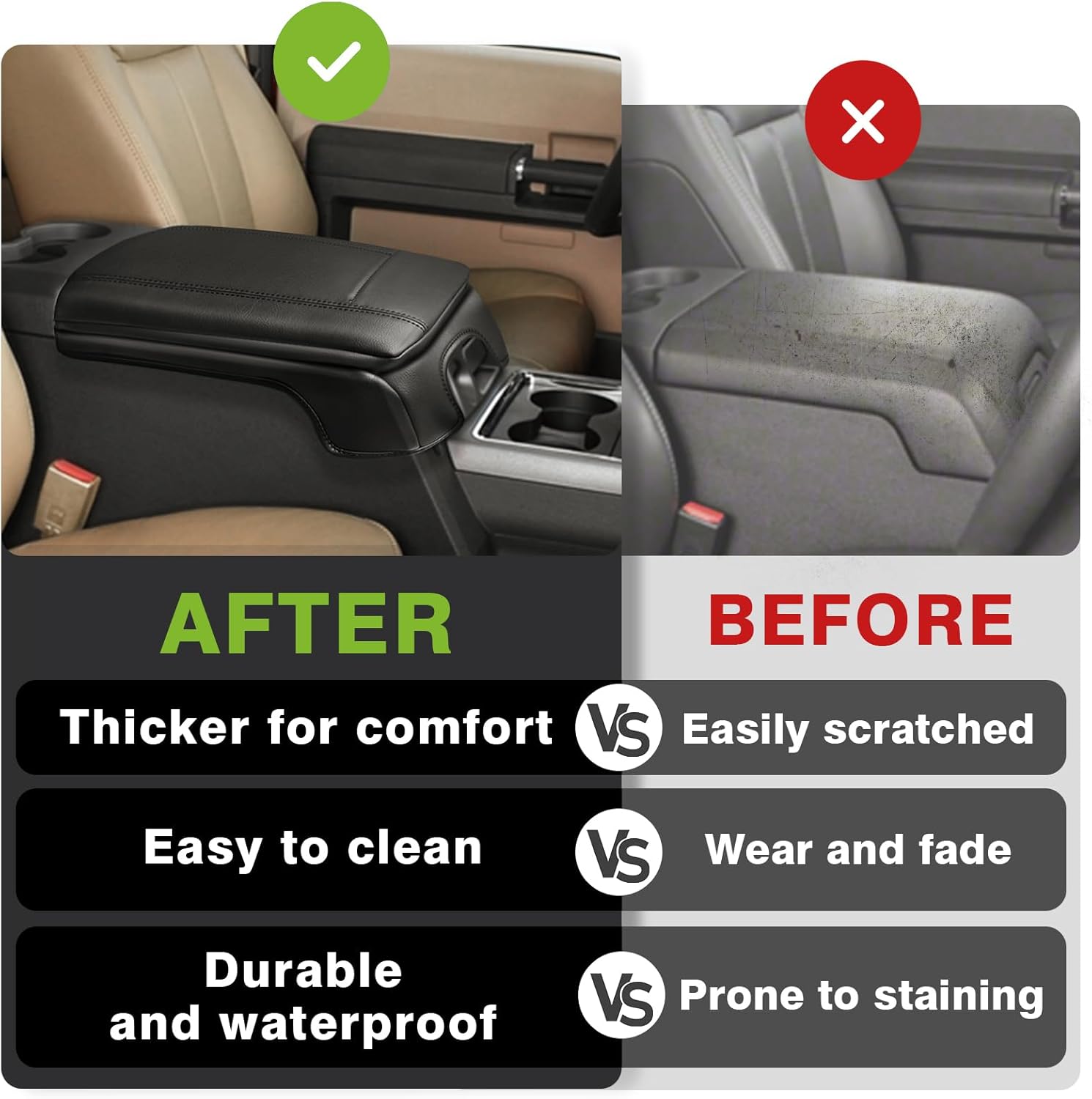 Muslogy Center Console Armrest Cover Compatible with Ford F250 F350 F450 2011-2016 Super Duty Comfort Armrest Pad Arm Rest Cushion Vegan Leather Protector 1-Inch Extra Thick(Bucket Seat ONLY)