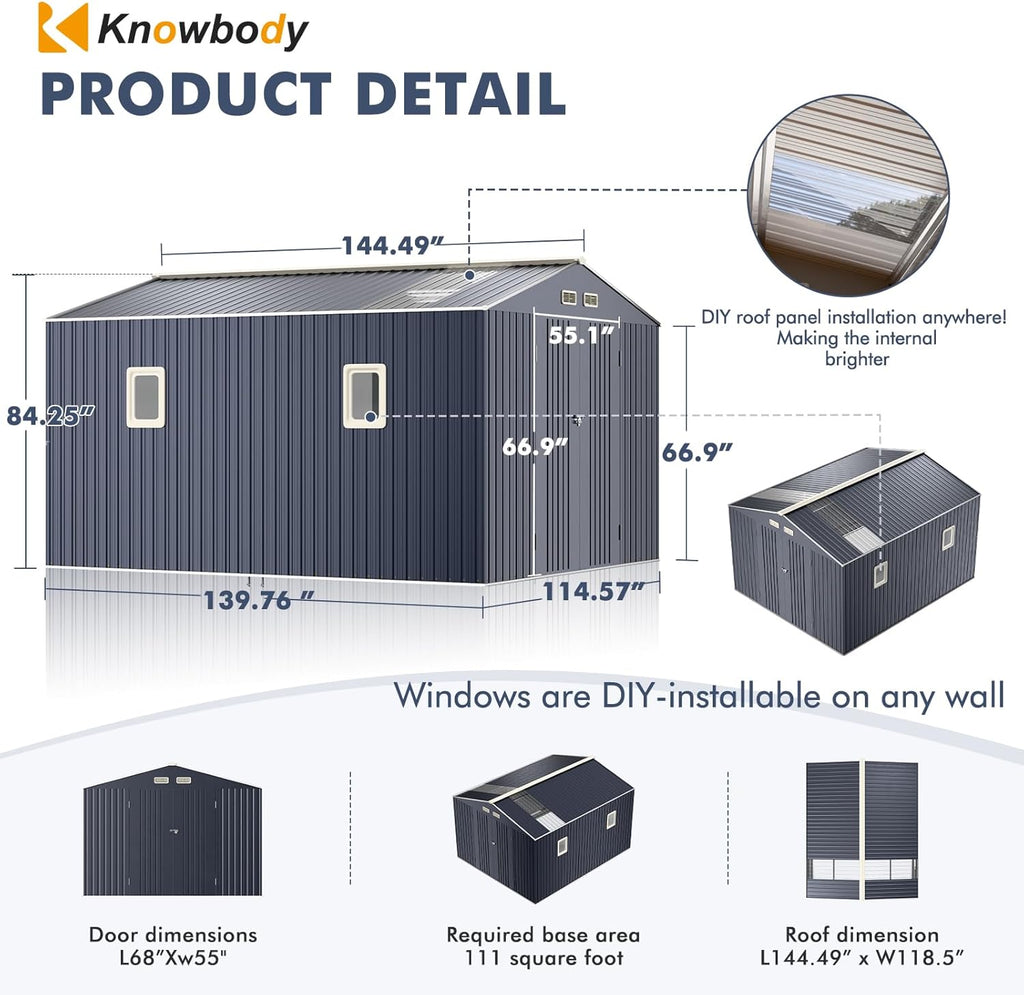 10x12 Metal Shed with Floor Frame Kit & Reinforced Construction - Translucent Roof Panels for Natural Light, Lockable Doors, Vents and Windows | Weatherproof Outdoor Storage for Garden/Backyard/Patio