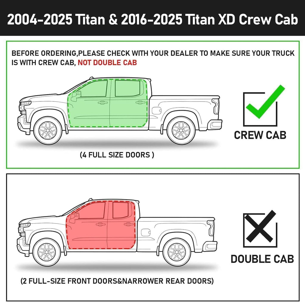 Running Boards Compatible with Vehicle 2004-2025 Nissan Titan Crew Cab, 2016-2025 Titan XD Crew Cab, Two-Stair Side Steps, 6 Inch Black Step Bars, Truck Nerf Bars with Middle Steps.