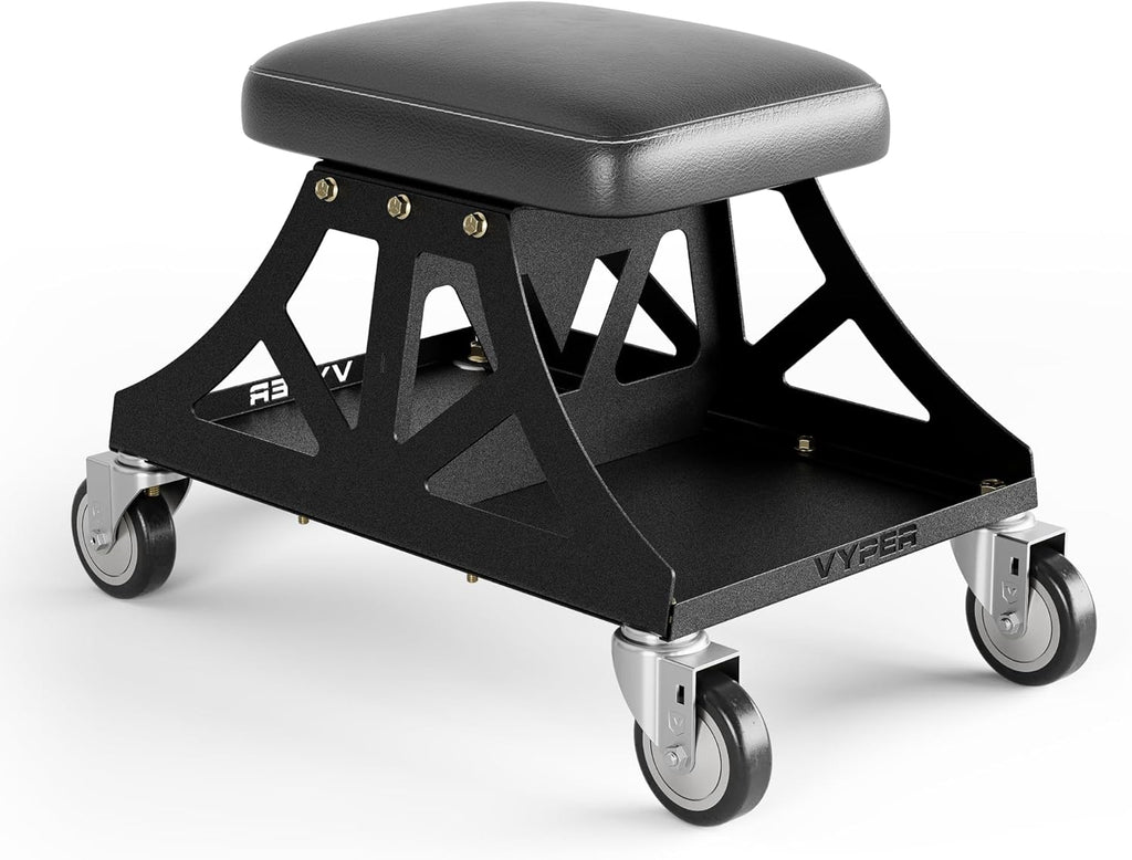 Vyper Low Pro Garage Stool with Removable Seat for Mechanics, Automotive, DIY - 400 lb Capacity Rolling Shop Chair (Black Seat, Black Frame)