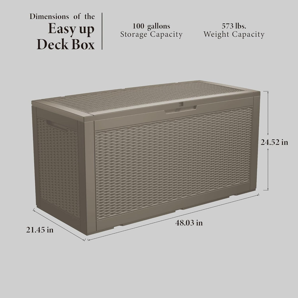 100 Gallon Lockable Resin Deck Box, Waterproof & UV-Resistant Outdoor Storage Box for Outdoor Cushion Storage, Garden Tools & Pool Accessories Storage, Gray