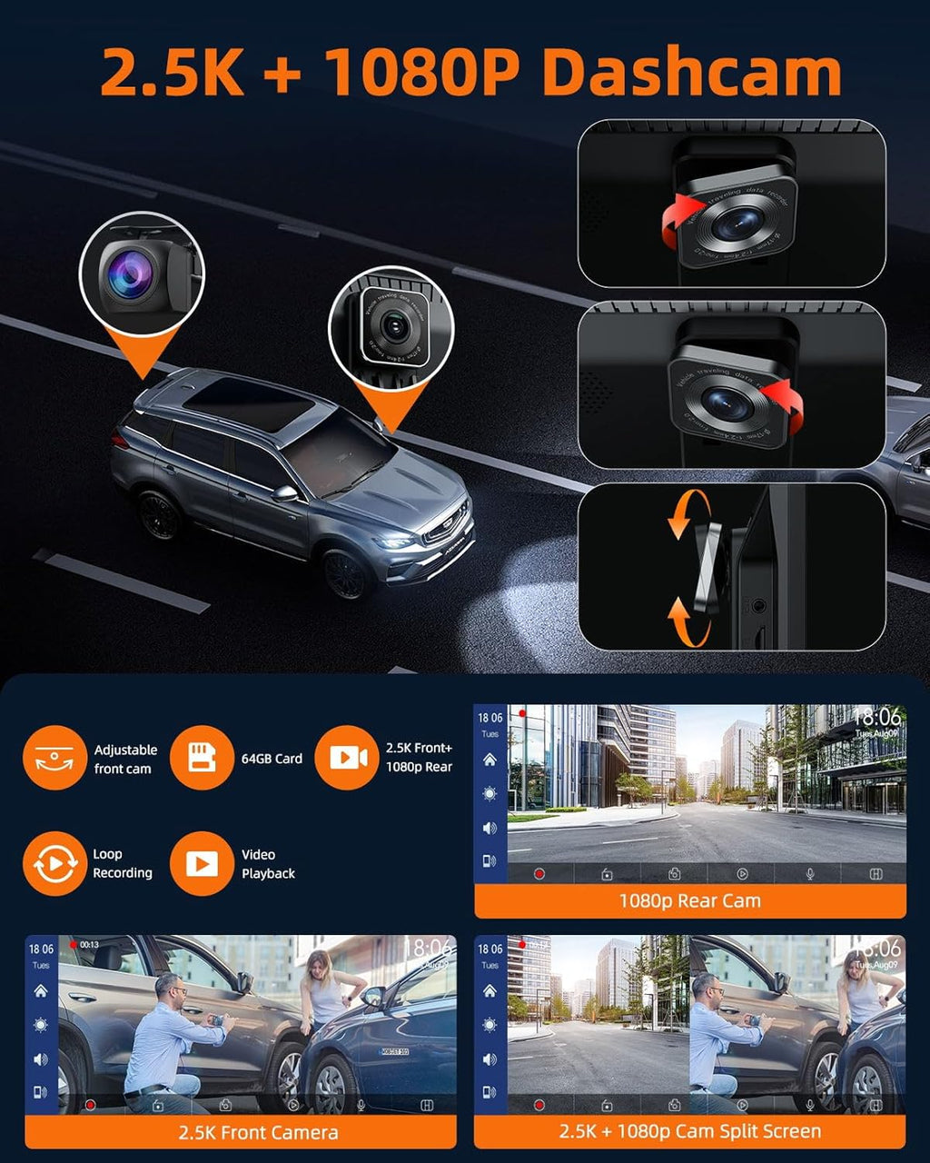 Portable Wireless Carplay Screen for Car with 2.5K Dash Cam,9 Inches Android Auto Screen with 1080p Backup Camera,GPS Navigation,Bluetooth,Airplay,Voice Control