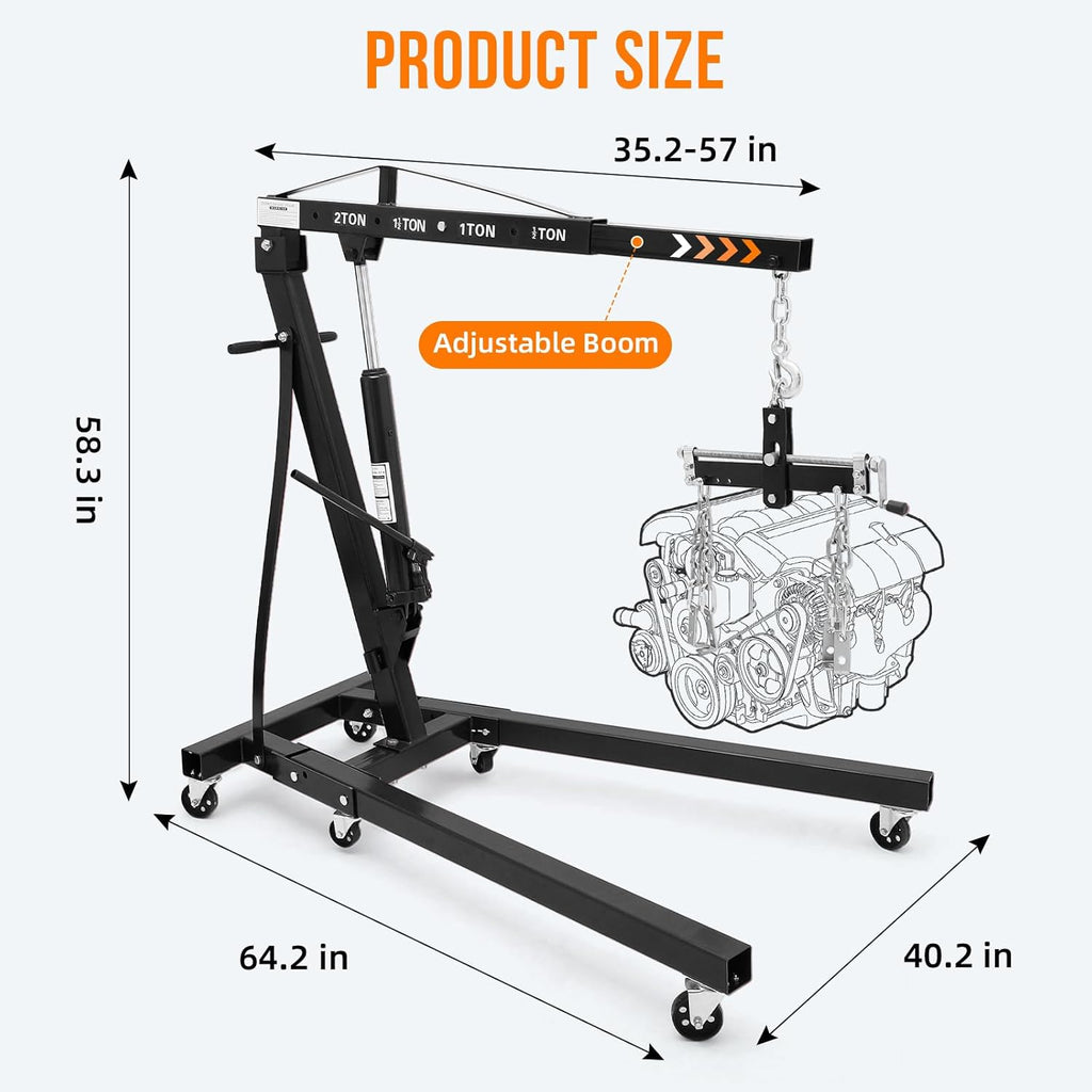 Engine Hoist with Lever, 2 Ton 4000 Lbs Heavy Duty Folding Cherry Picker Engine Lift Hydraulic Tilting Engine Shop Crane with 6 Iron Caster Wheels Telescopic Boom Hitch,Black