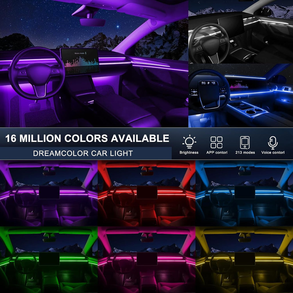 Acrylic Interior Car LED Strip Light with Wireless APP, RGB 6 in 1 with 175 inches 600 LEDs Fiber Optic Car Ambient Lighting Kits, 16 Million Colors Sound Active Function LED Strip for Car
