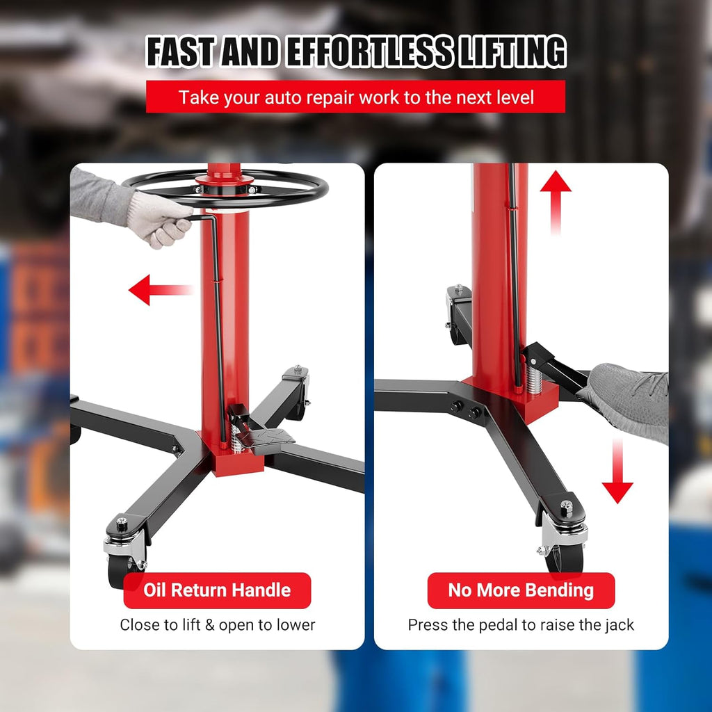 Transmission Jack, 1322lbs Hydraulic Telescoping Transmission Jack, 34.3"-68.5" High Lift, 2-Stage Transmission Jack Stand 3/5 Ton Capacity with Foot Pedal, 360° Swivel Wheel