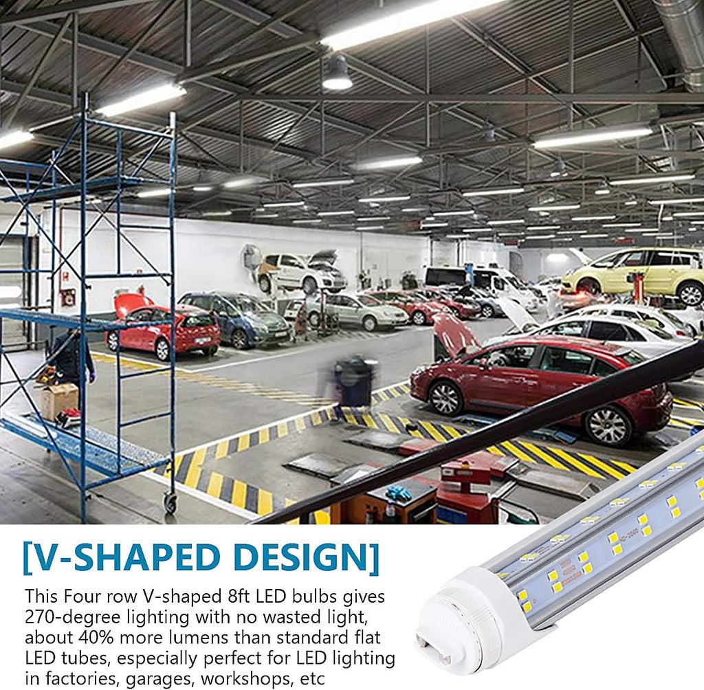 10PCS, LED Shop Light 8FT Tube, 2 Pin LED Tube Lights 270 Degree Angle, V Shaped 4 Row LEDs,R17D HO Rotatable LED Bulb, 144W, Clear Cover, Cold White 6000k, Fluorescent Tube Replacement