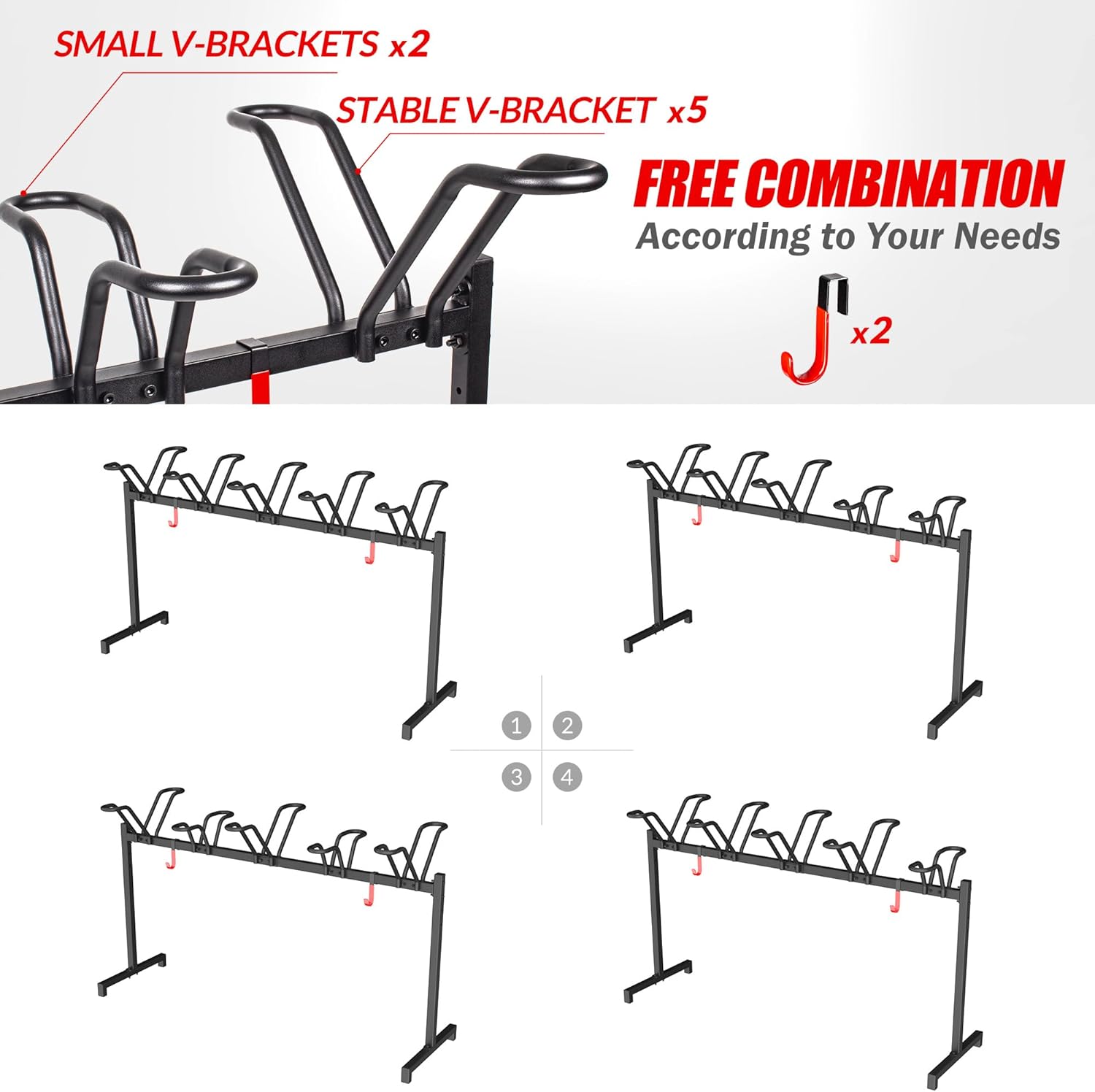5 Bikes Floor Stand, Adjustable Bicycle Parking Rack with Hook for Garage, Indoor, Outdoor, Free Combination Bike Storage Cycle Rack for Mountain, Road and Kids Bikes, Max Tire Width 2.5”