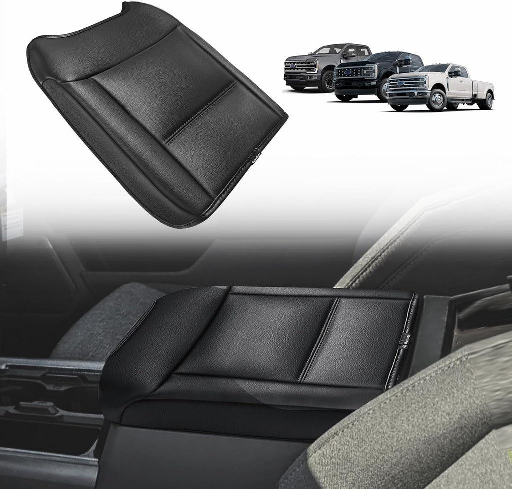 Muslogy Center Console Armrest Cover Compatible with Ford F250 F350 F450 2023 2024 2025 Super Duty Comfort Armrest Pad Arm Rest Cushion Vegan Leather Protector Regular Thick(Bucket Seat ONLY)