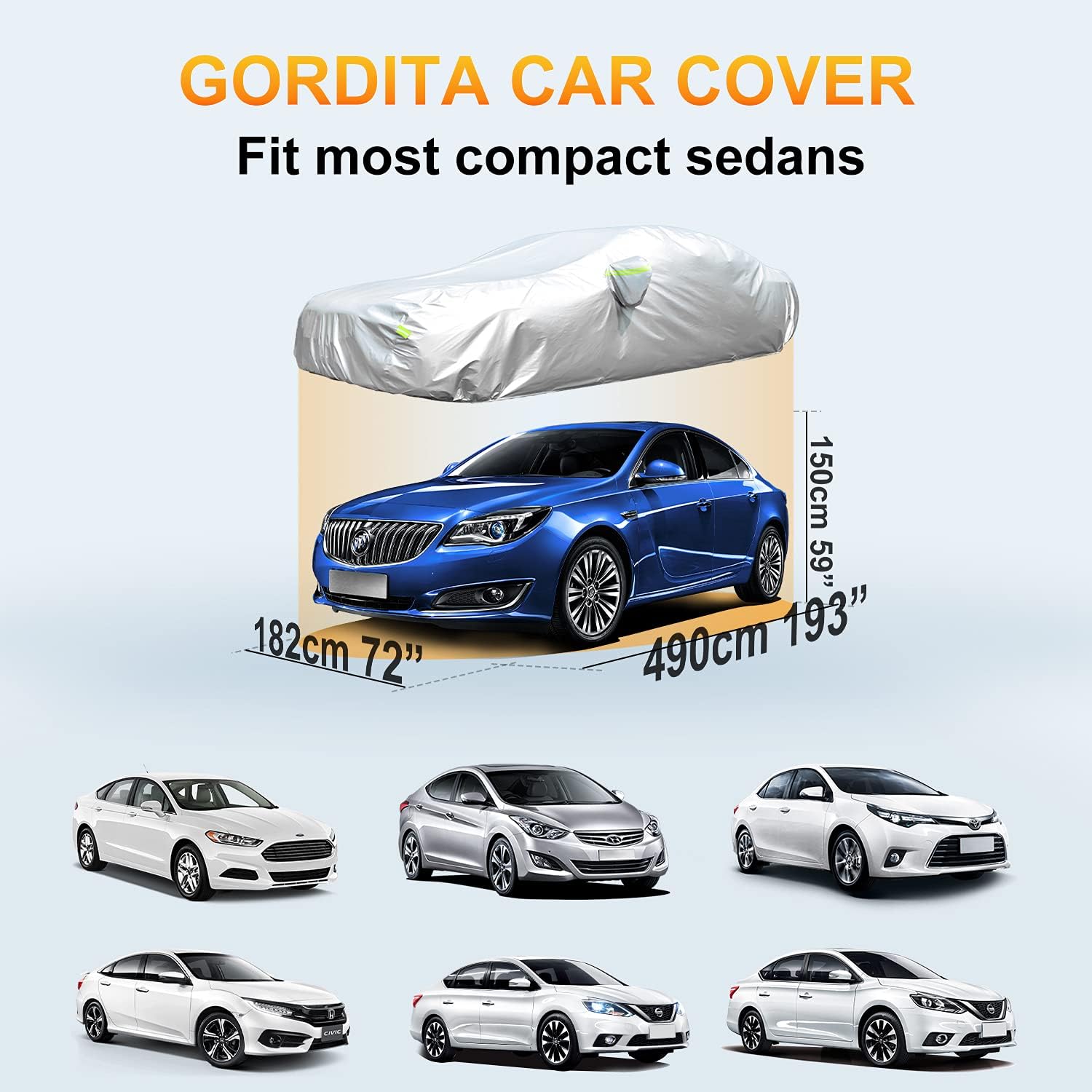 Car Cover, GORDITA Car Covers Waterproof All Weather Snowproof Windproof Scratch Resistant Outdoor UV Protection with 6 Reflective Strips, Size 3XL Universal Fit for Sedan (Up to 193")