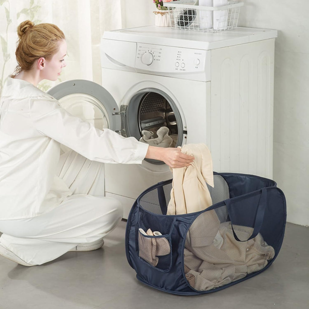 Sturdy Mesh Laundry Hamper Basket Bag,Pop up Basket with Side Pocket for Laundry Room, Bathroom, Kids Room, College Dorm or Travel (Pop Horizontal, Pink)