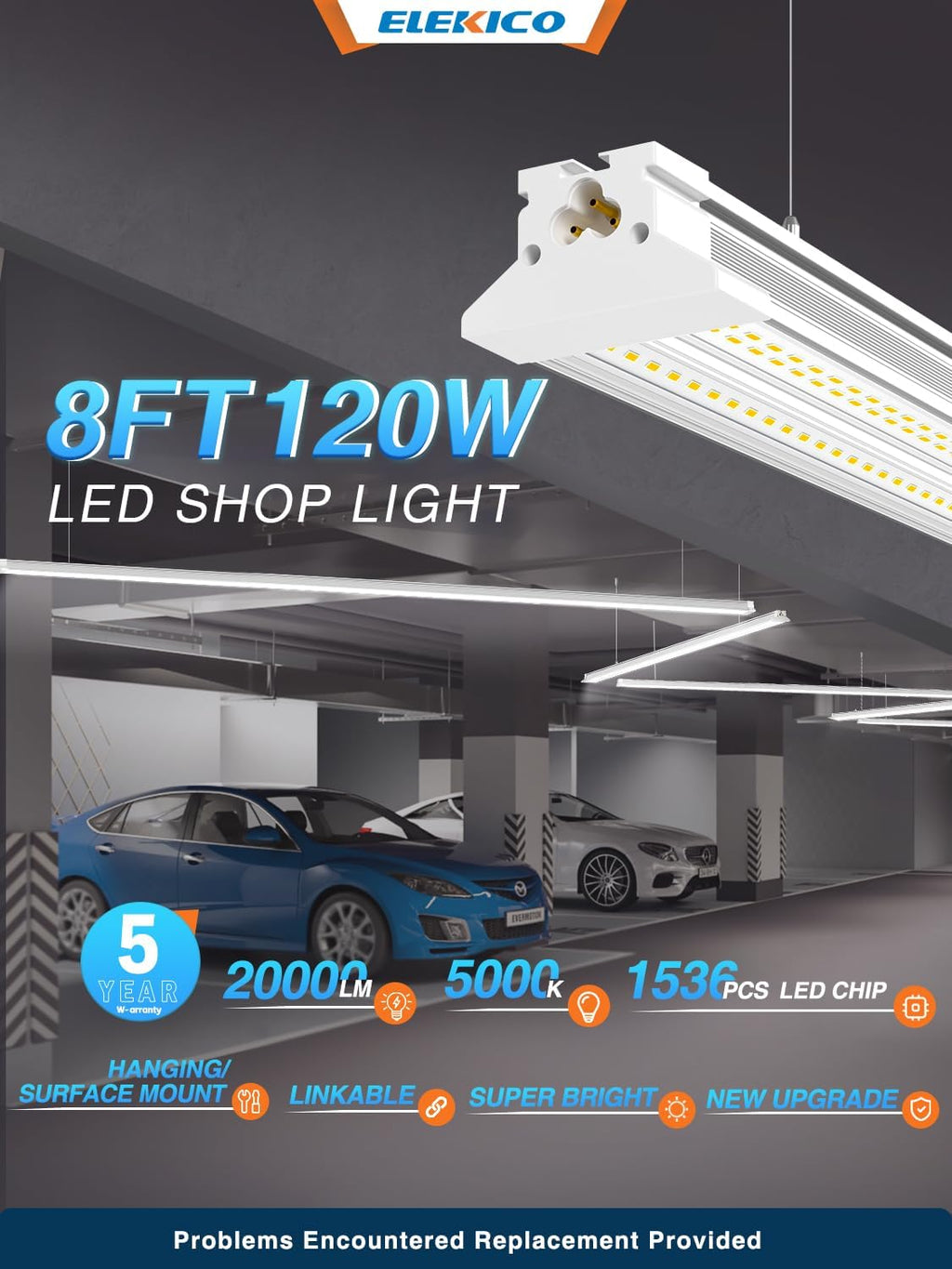 Super Bright New Upgrade Hanging | Surface Mount 8' 120w 5000k 20000lm 8ft Led Shop Light, Linkable Ceiling Lighting Garage Lights | Led Shop Lights 8ft for Garage Workshop Shop Warehouse