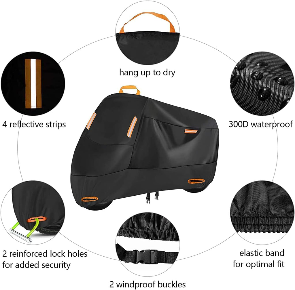 SECELES 300D Motorcycle Cover Heavy Duty, SECELES All Season Durable Scooter Vespa Cover Waterproof Outdoor for Small Bike Scooter Bicycle fit up to 75 inch Motorbike (L: 75" x 37" x 39")