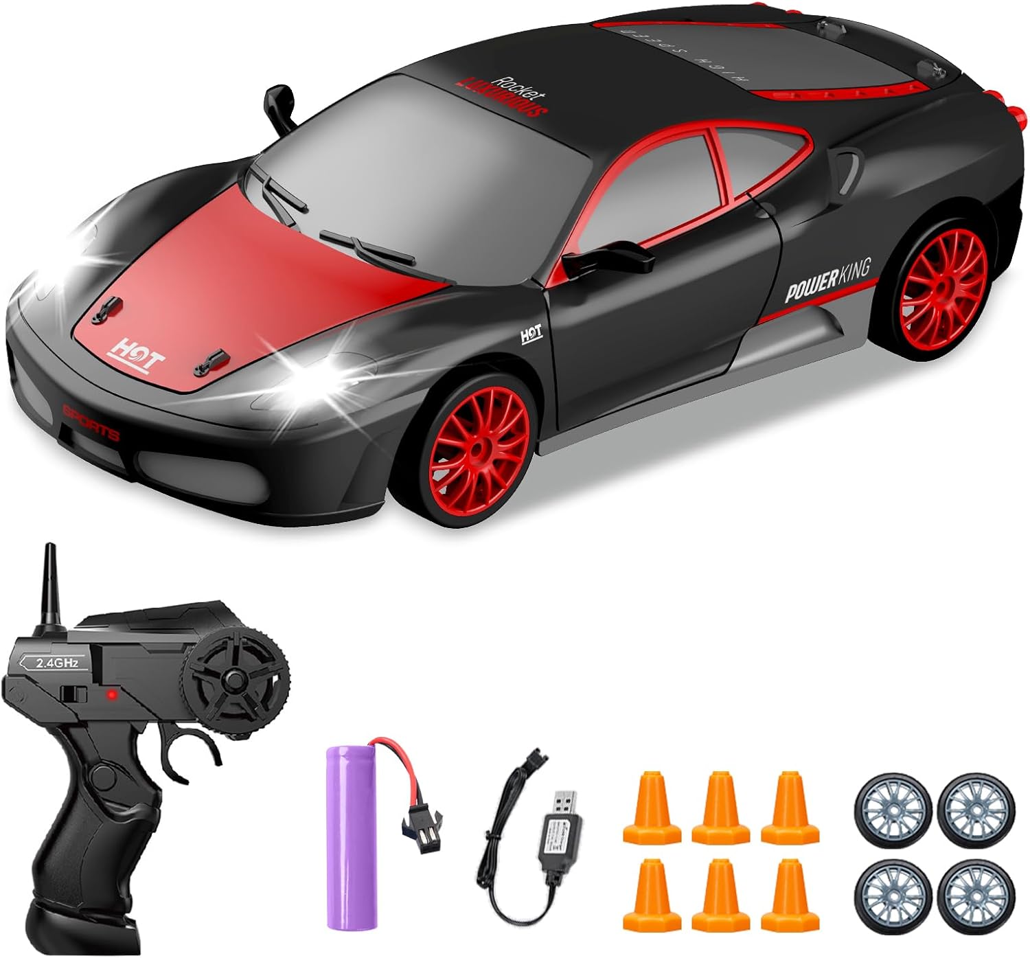 RC Drift Cars, 2.4Ghz 1:24 Remote Control Car 4WD High Speed Drifting RC Car with LED Light and Drift Tires Racing Toy Cars for Kids Boys Girls Adults(Black)