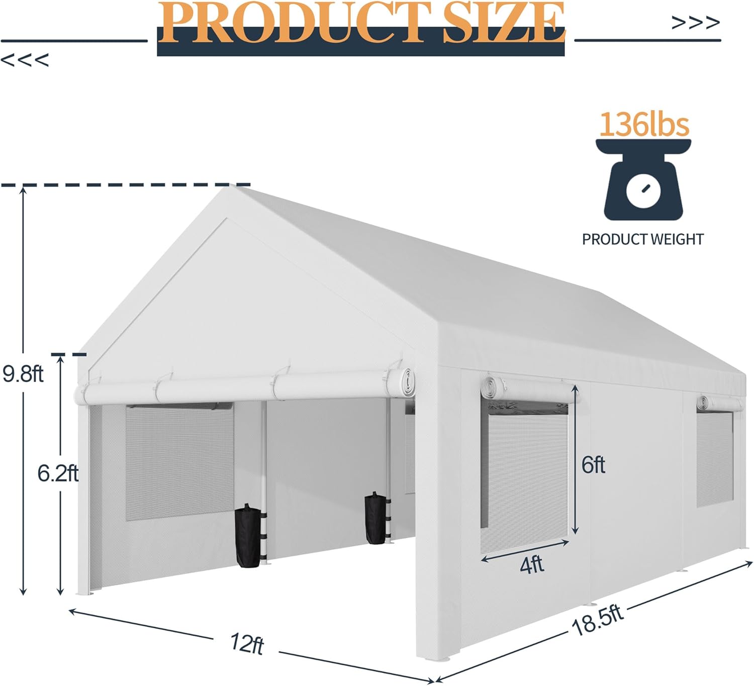 Shintenchi Carport 12' x 20' Heavy Duty Portable Garage, Car Port Canopy with Side-Opening Removable Door & Roll-Up Windows, Car Canopy for Truck,Car,Boat,Motorcycle,White